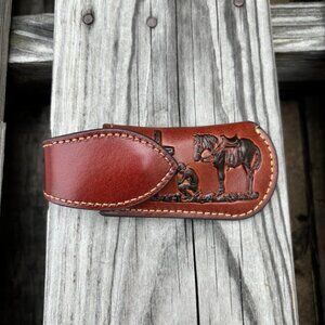 Brown Leather Praying Cowboy Design Small Knife Sheath with Keep